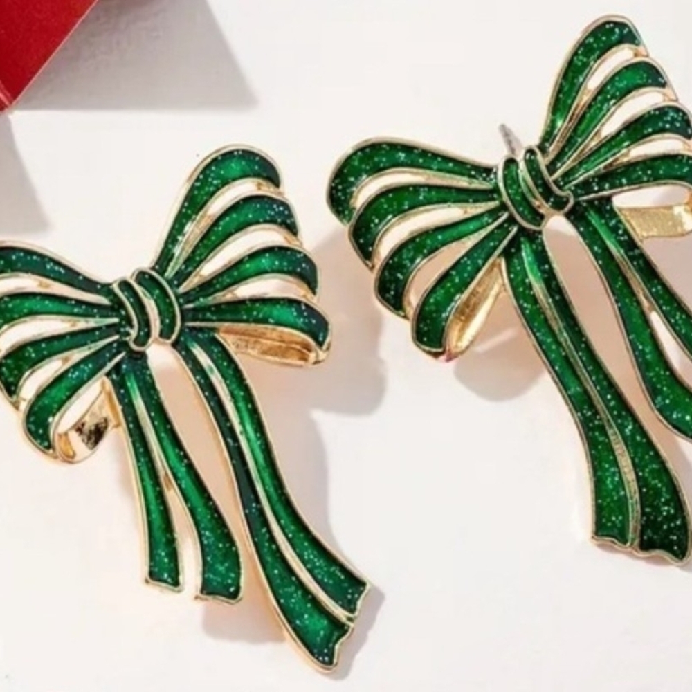 Green and Gold Bow Ribbon Statement Stud Earrings New Long